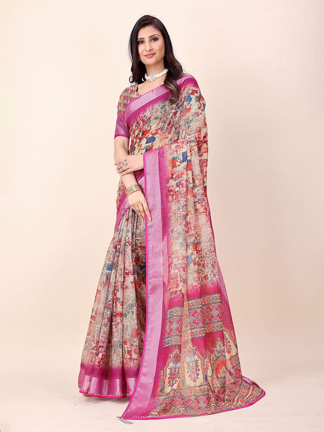 kanooda-floral-printed-zari-linen-saree