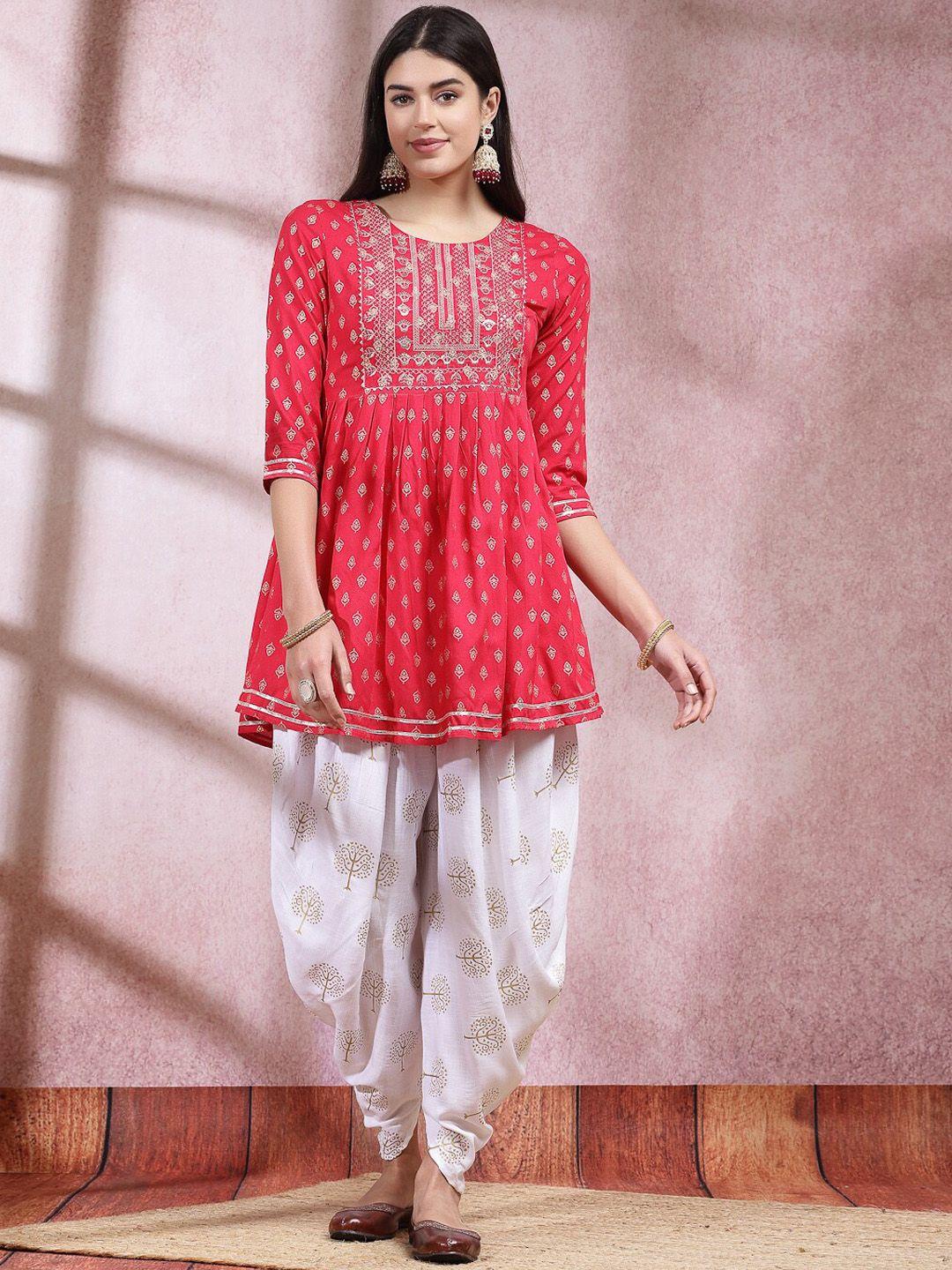 stylum-pink-ethnic-motifs-printed-&-embroidered-empire-anarkali-kurti-with-dhoti-pant
