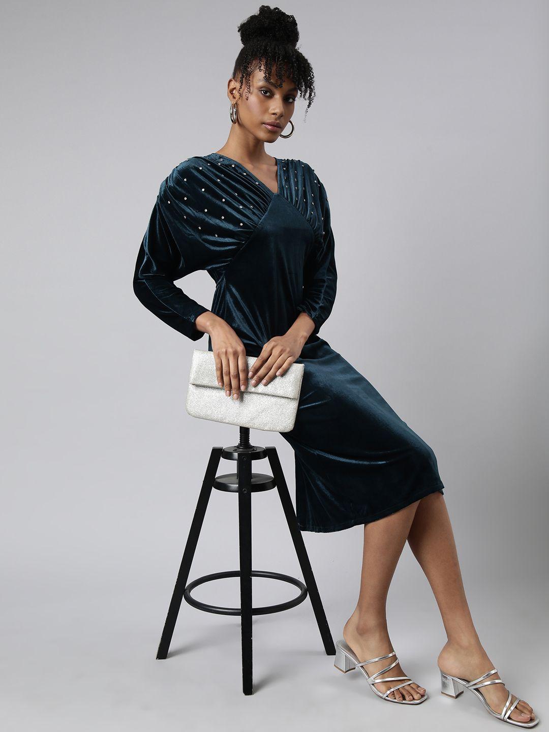 showoff-v-neck-embellished-puff-sleeve-a-line-opaque-party-dress