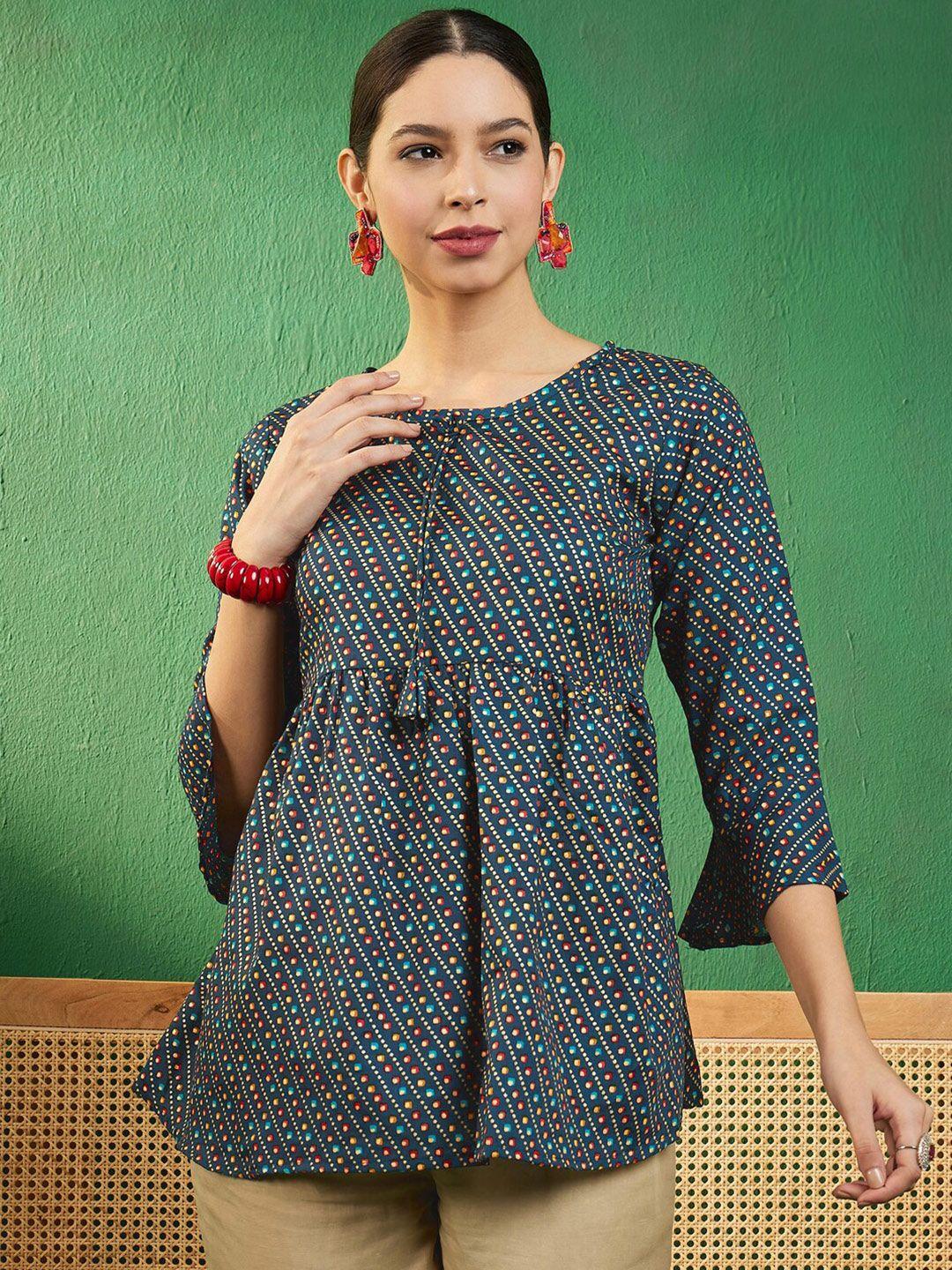 sangria-teal-bandhani-printed-round-neck-bell-sleeves-empire-style-a-line-kurti