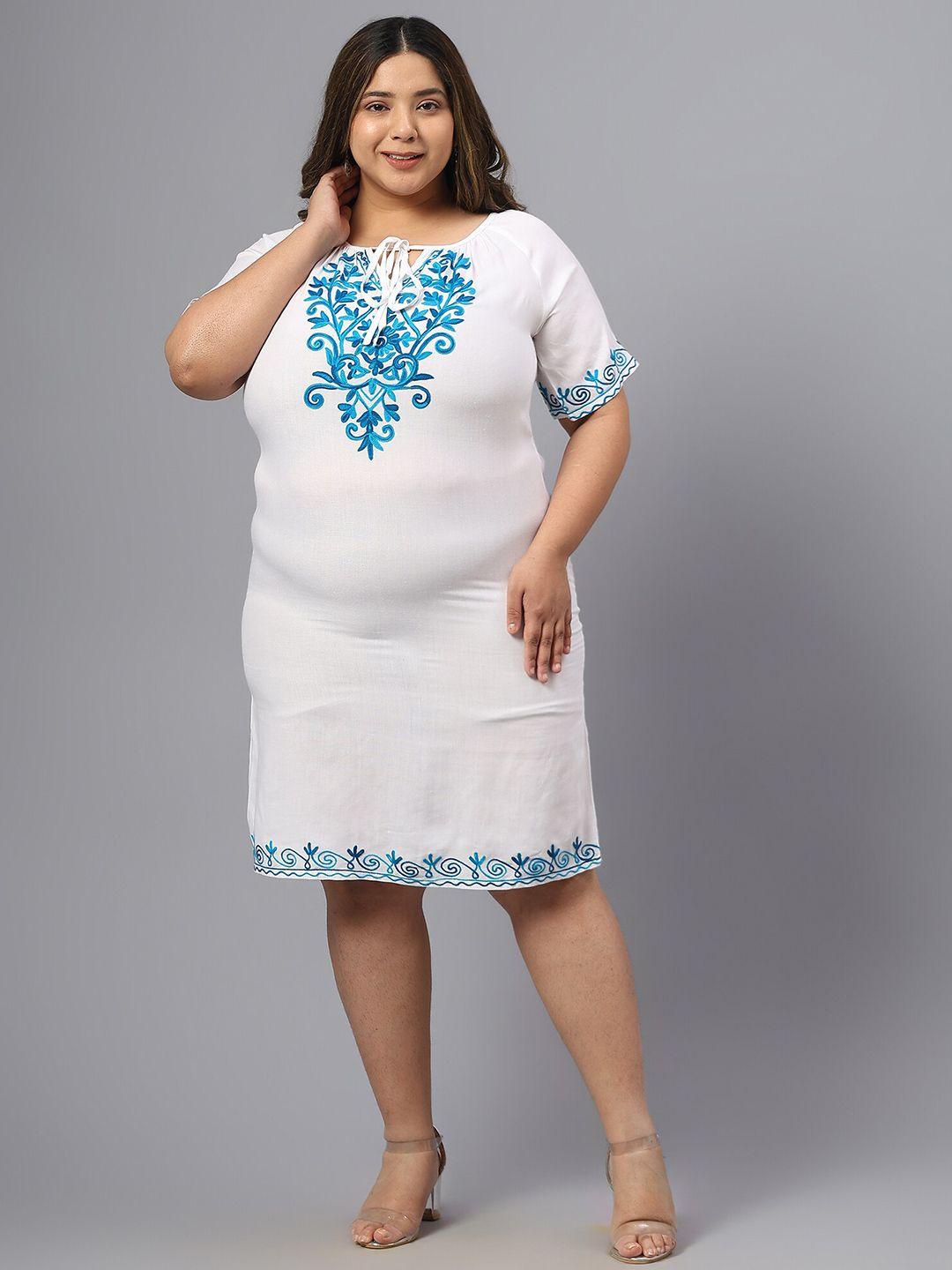 saakaa-plus-size-floral-embroidered-tie-up-neck-a-line-dress