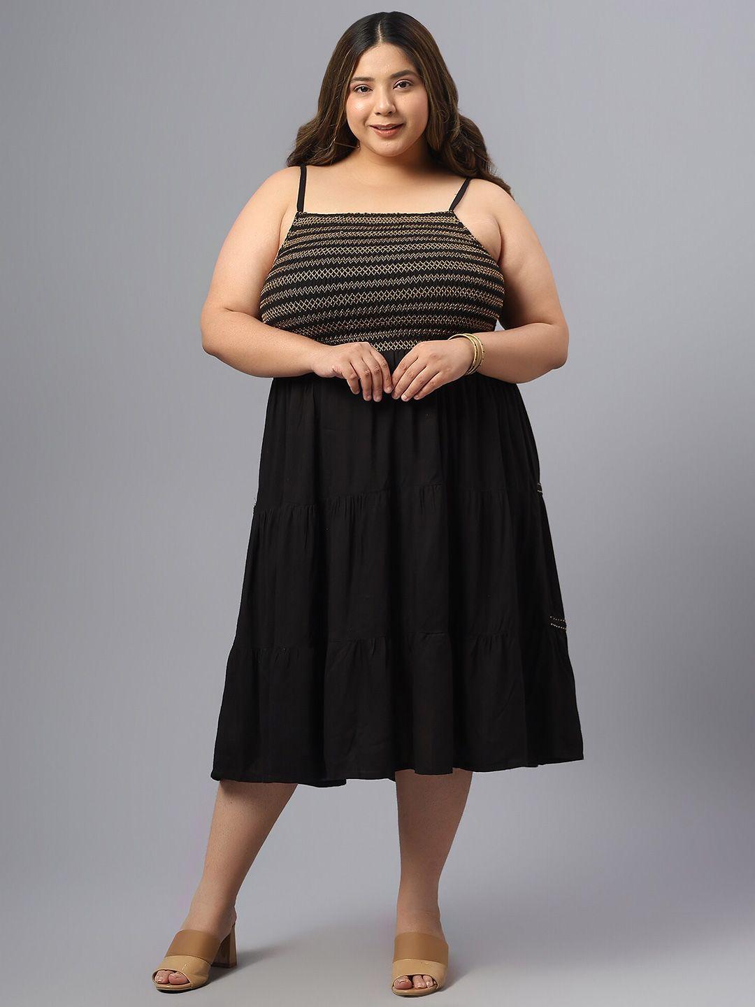 saakaa-plus-size-striped-shoulder-straps-gathered-fit-&-flare-midi-dress
