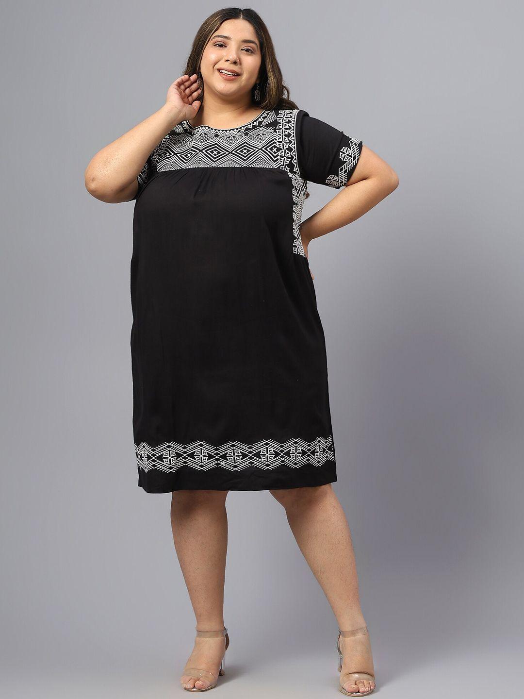 saakaa-plus-size-geometric-embroidered-round-neck-gathered-cotton-a-line-dress