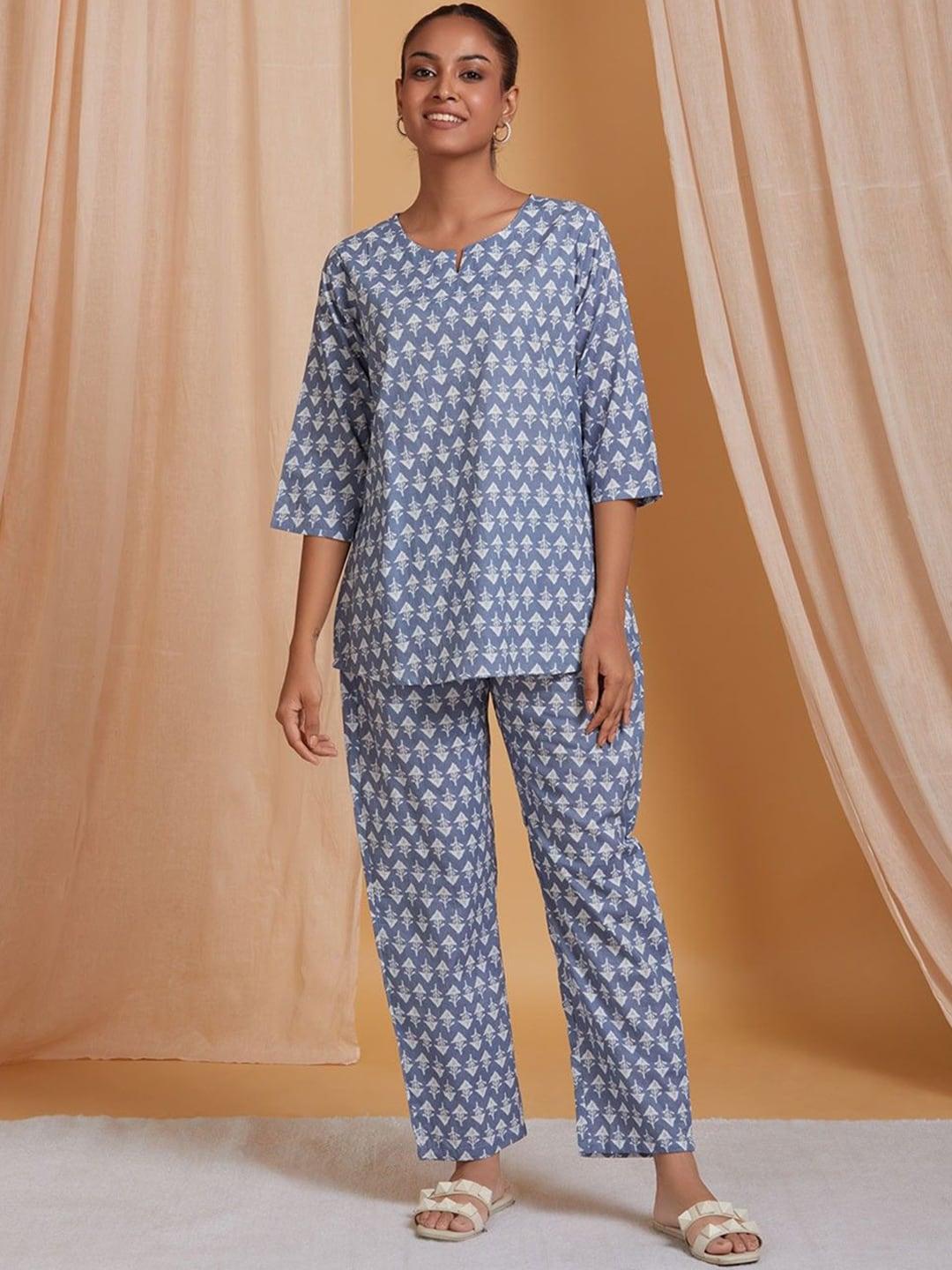 ichaa-ethnic-motifs-printed-notched-neck-top-with-pyjamas