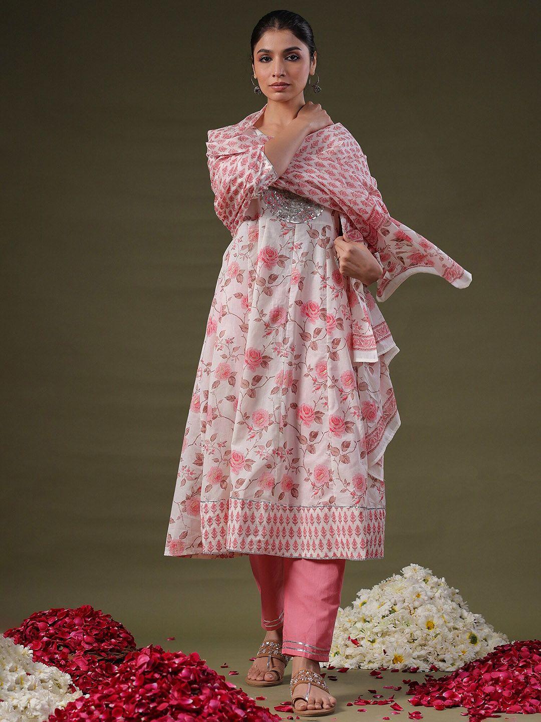 indo-era-off-white-floral-printed-sequinned-pure-cotton-kurta-with-trousers-&-dupatta