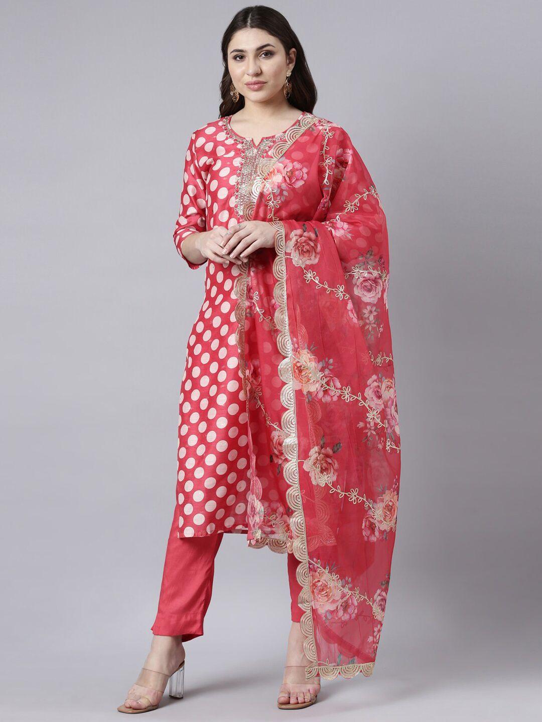 neerus-women-bandhani-printed-regular-aari-work-chanderi-cotton-kurta-with-trousers-&-with-dupatta