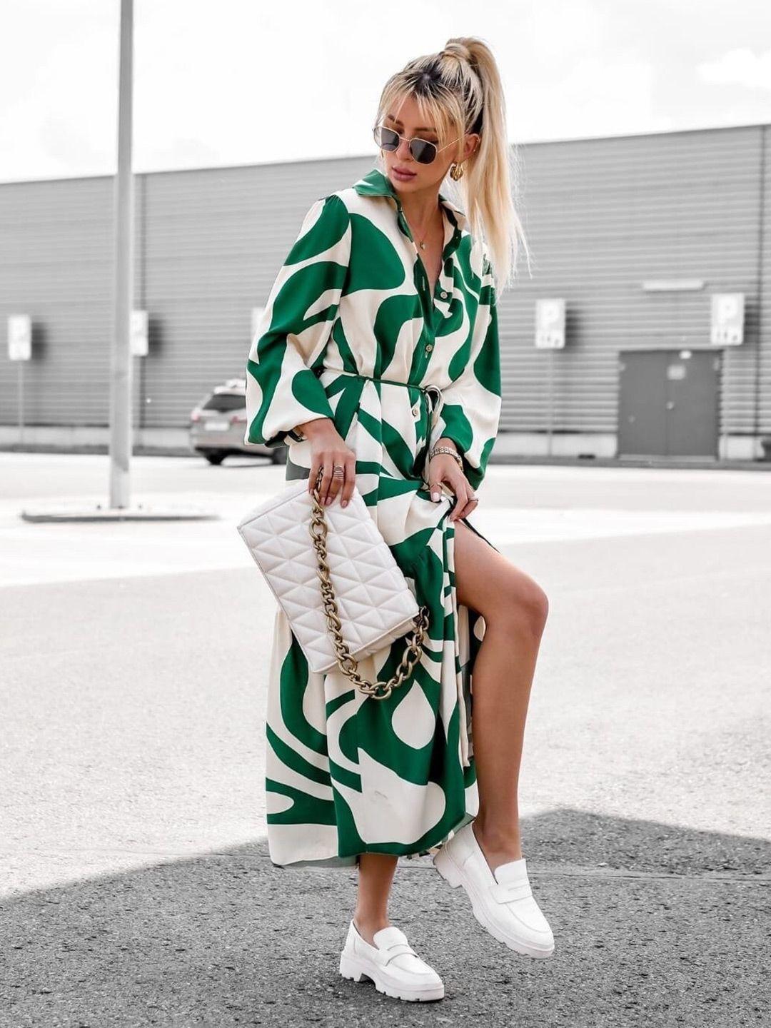 stylecast-white-&-green-abstract-printed-puff-sleeve-tie-up-shirt-dress