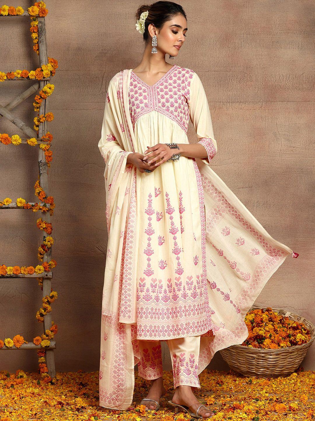 indya-v-neck-floral-embroidered-pure-cotton-straight-kurta-with-trousers-&-dupatta