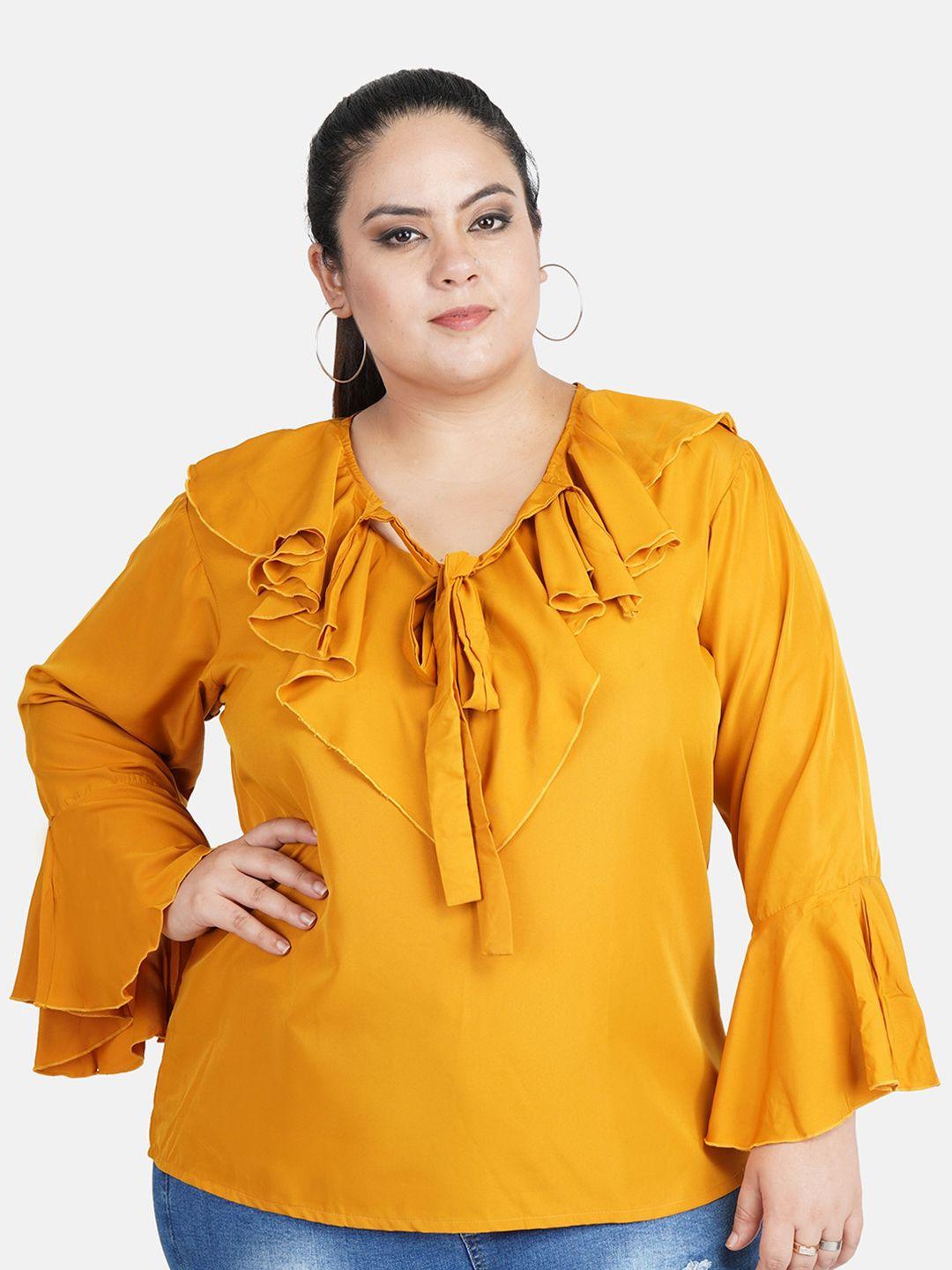 indietoga-women-plus-size-tie-up-neck-bell-sleeves-ruffles-crepe-top
