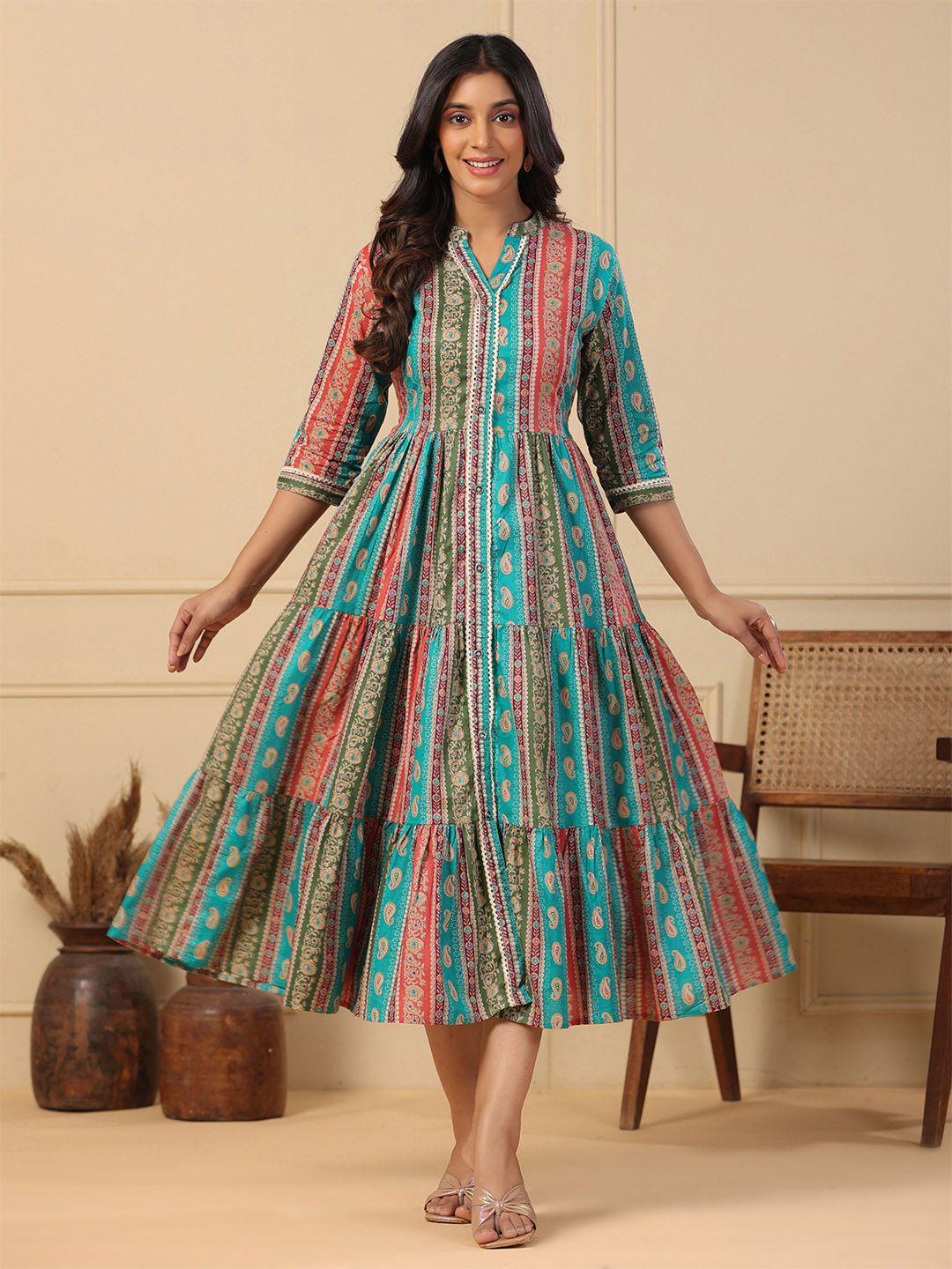 fashor-blue-ethnic-motifs-printed-cotton-fit-&-flare-midi-ethnic-dress