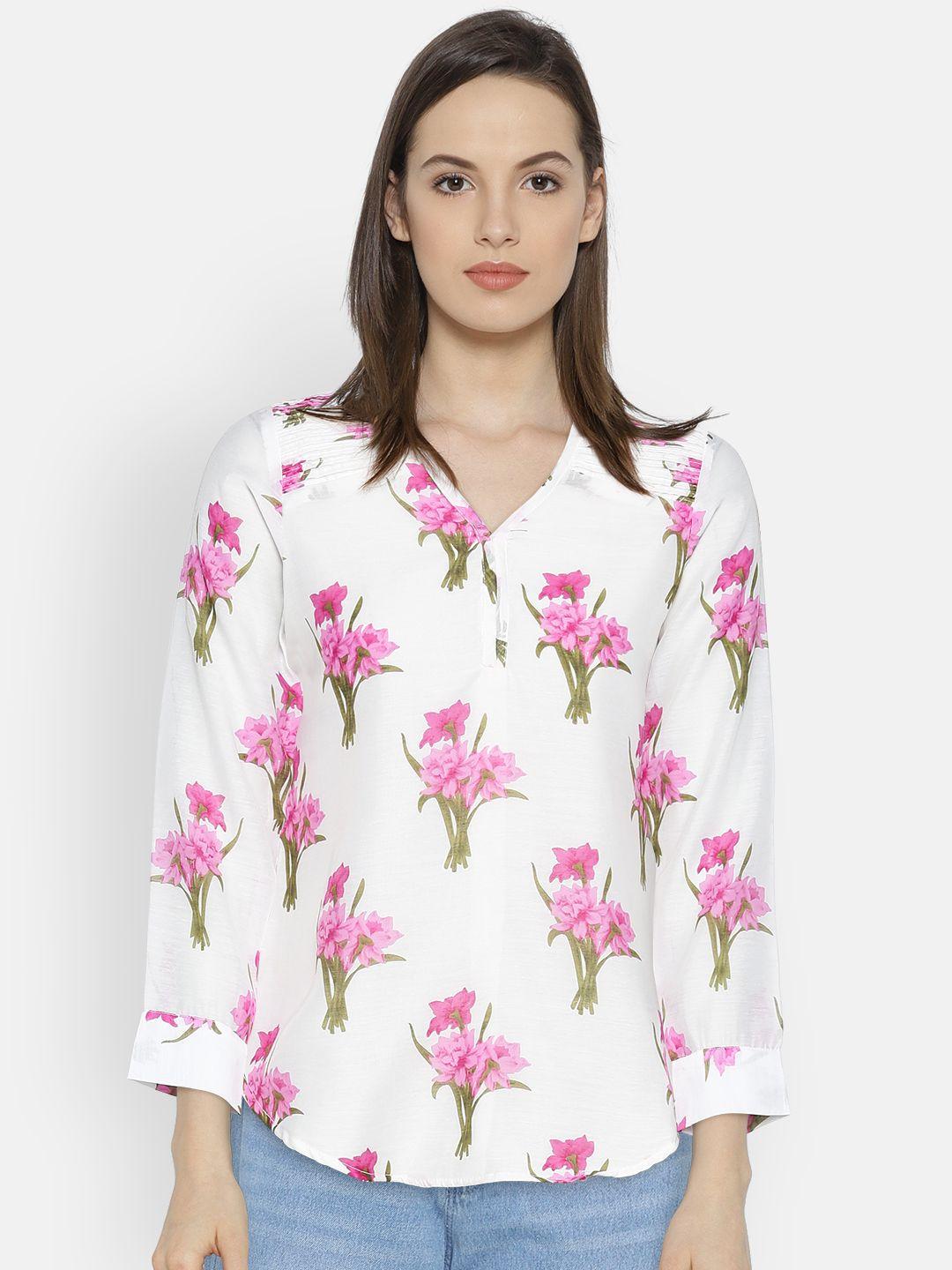 rangriti-women-off-white-&-pink-floral-print-top