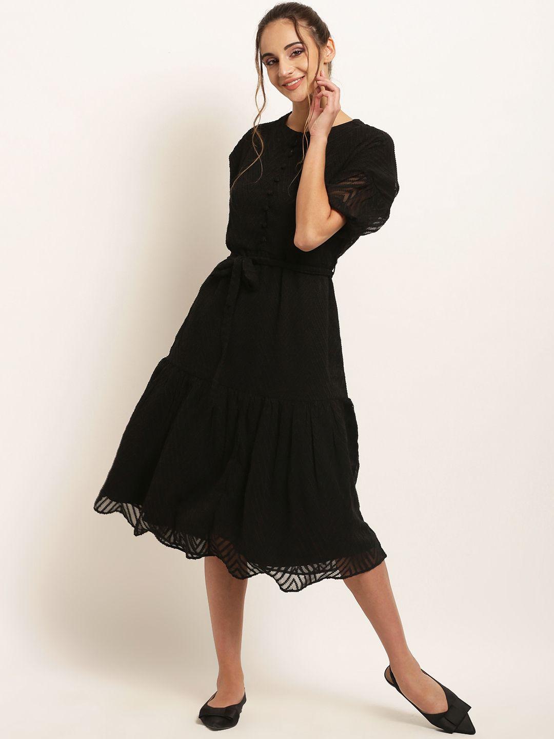 rare-black-lace-belted-tiered-midi-dress