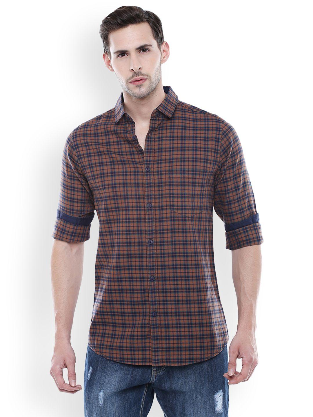 dennis-lingo-men-brown-&-navy-blue-slim-fit-checked-casual-shirt