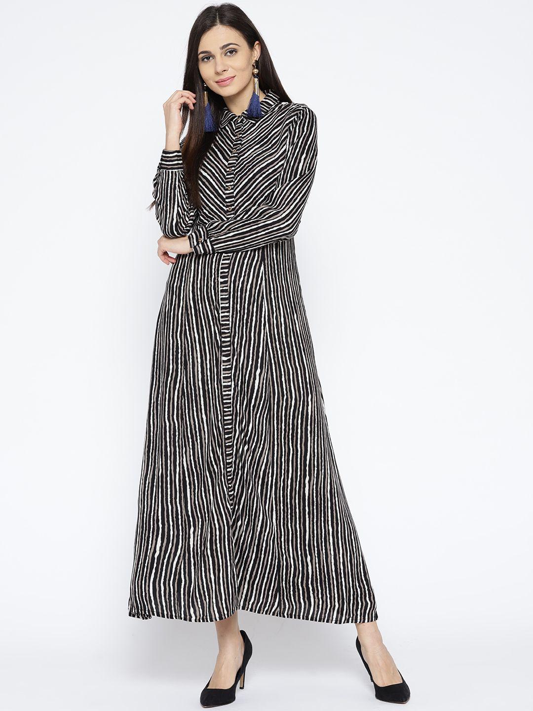 global-desi-women-black-&-cream-coloured-striped-maxi-dress