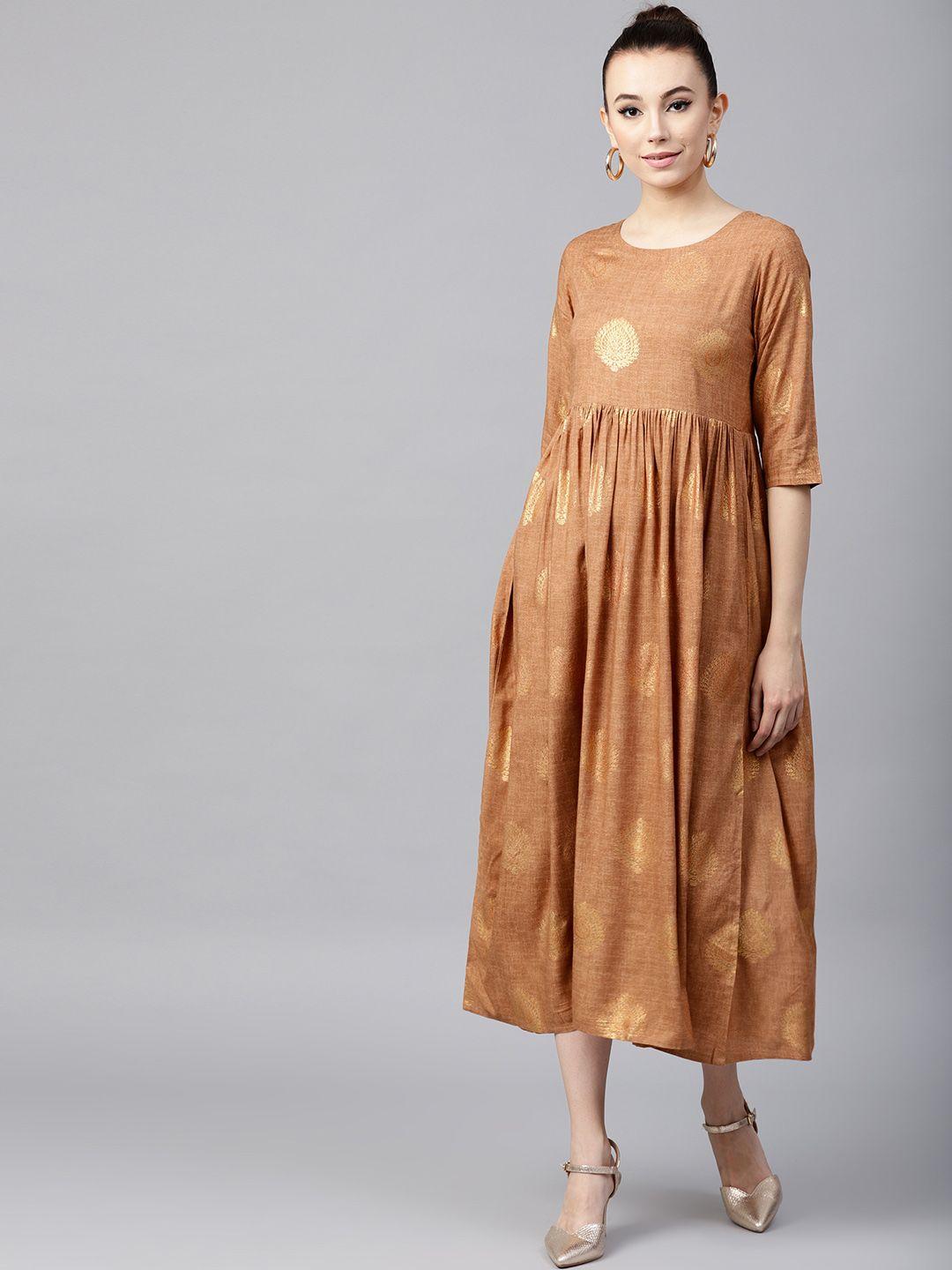 gerua-women-brown-block-print-midi-a-line-dress