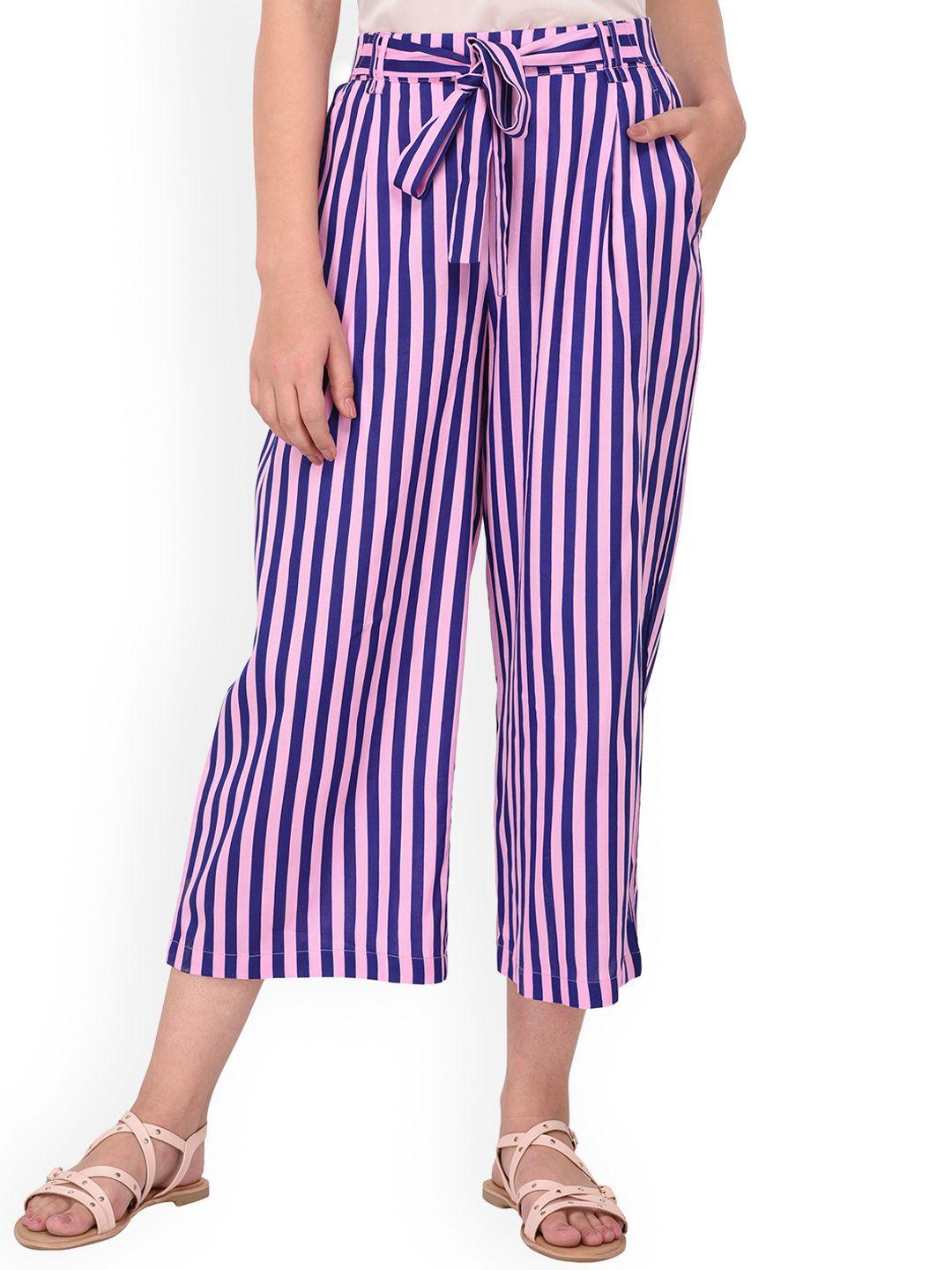 purys-women-pink-&-blue-smart-loose-fit-striped-culottes