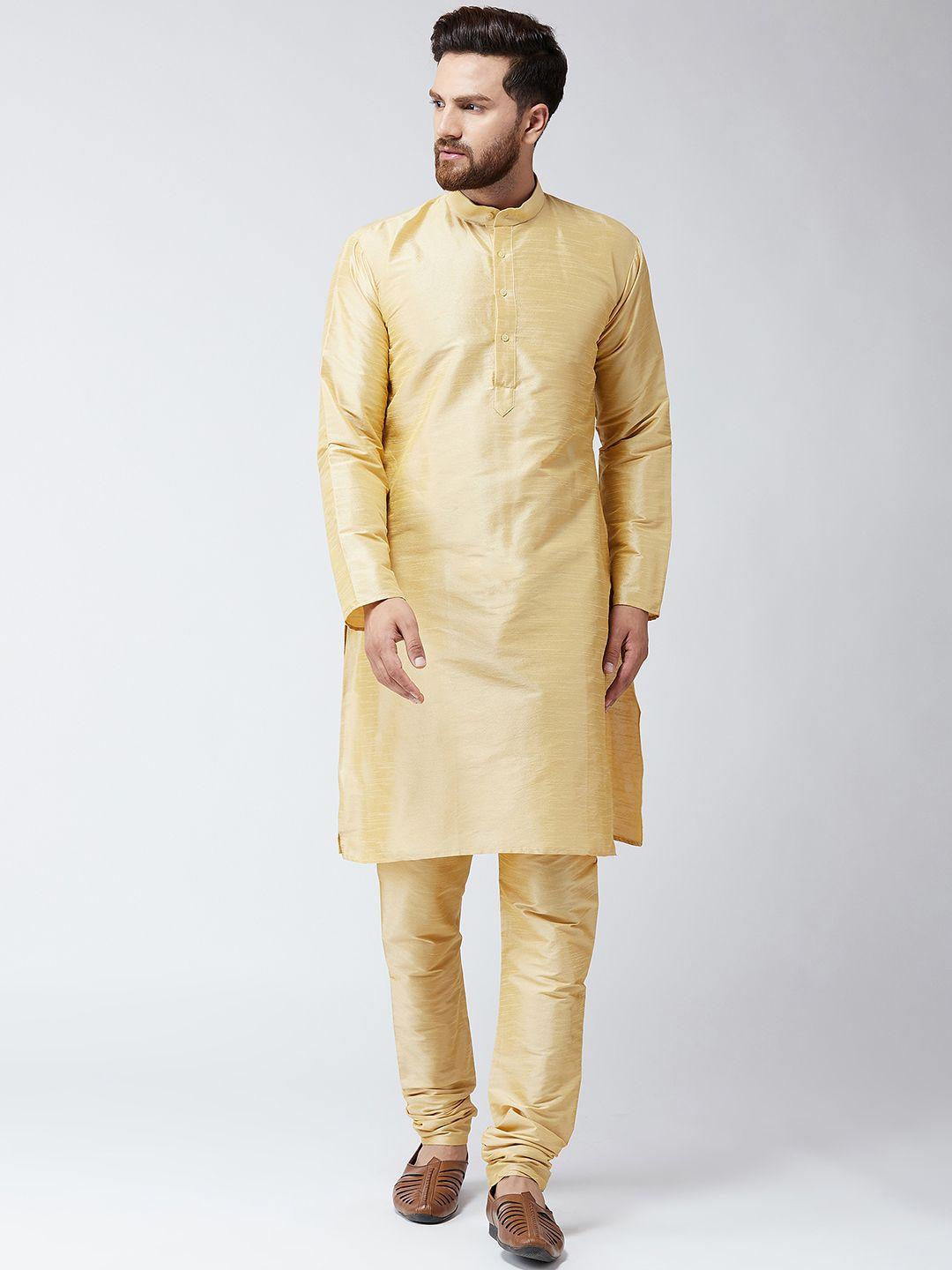 sojanya-men-beige-&-gold-toned-self-design-kurta-with-churidar