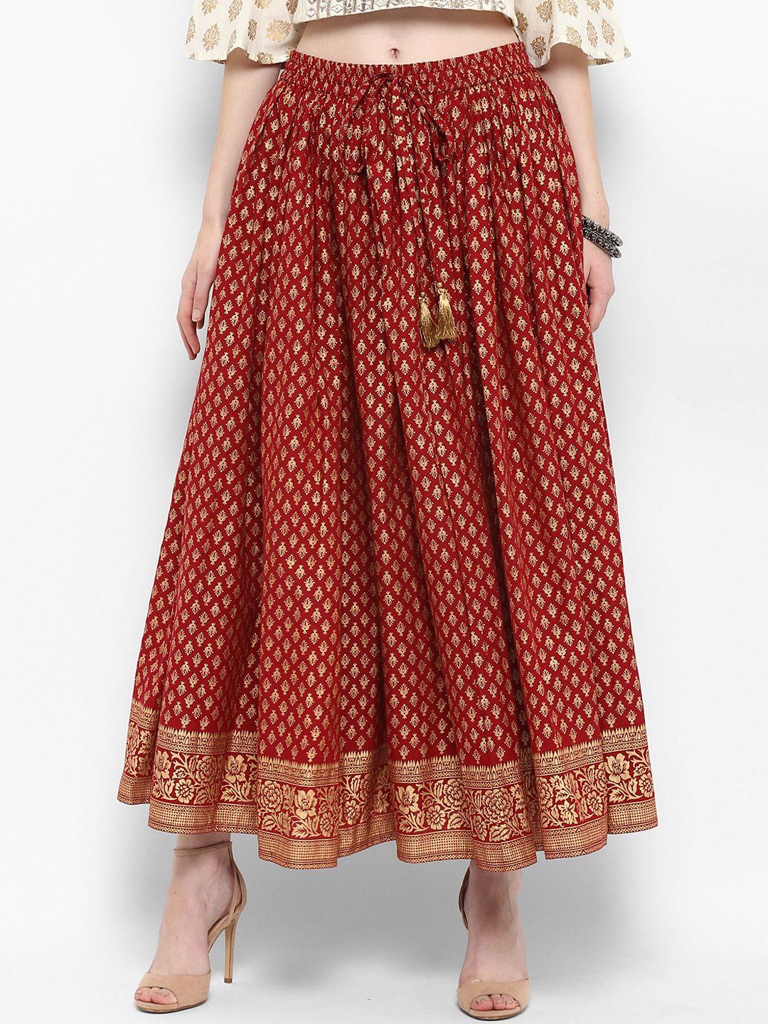 varanga-women-maroon-printed-flared-maxi-pure-cotton-skirt