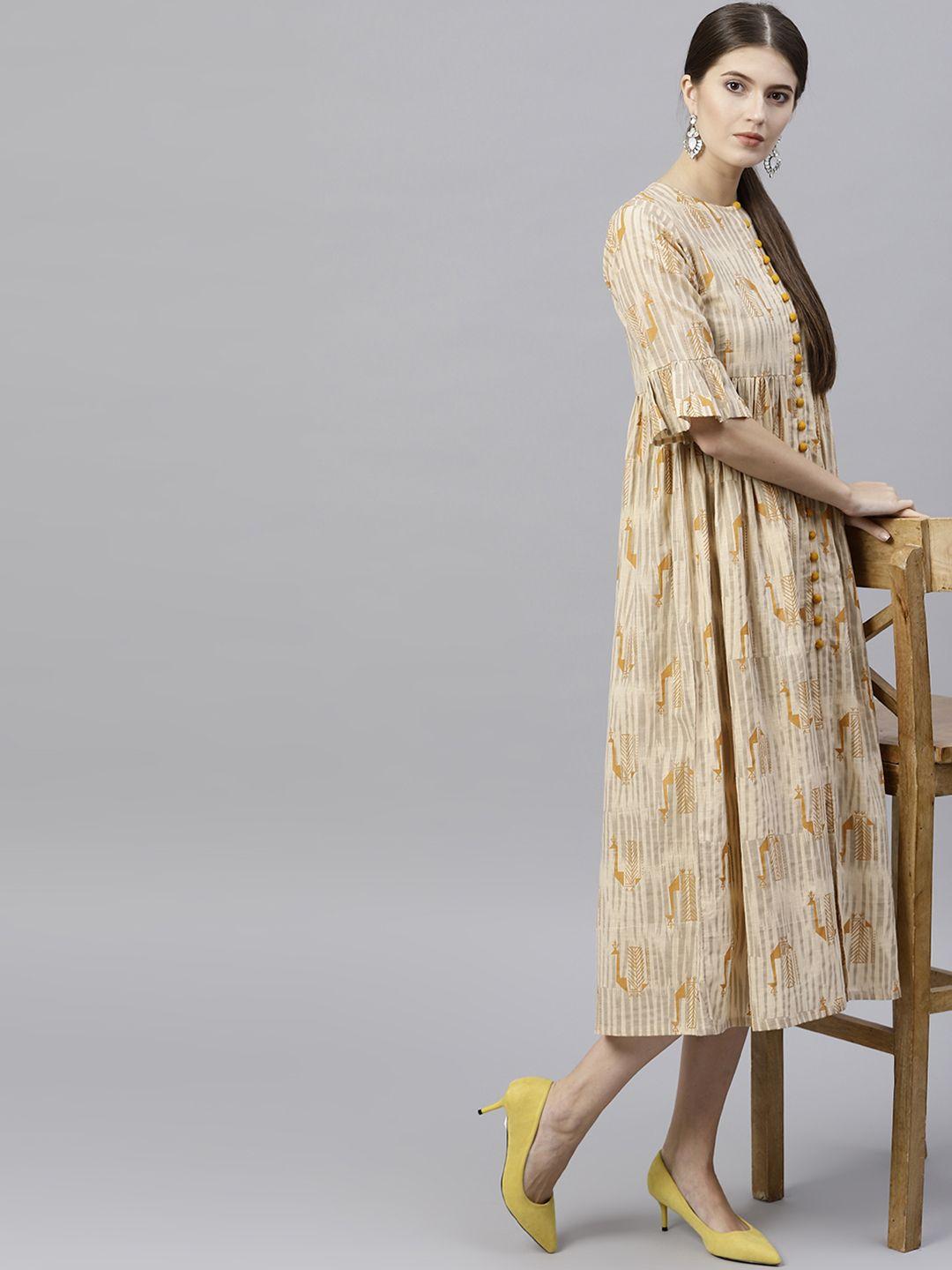 gerua-women-beige-printed-midi-empire-dress