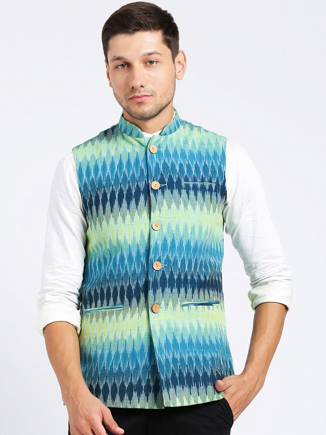 kisah-men-blue--green-printed-pure-cotton-nehru-jacket