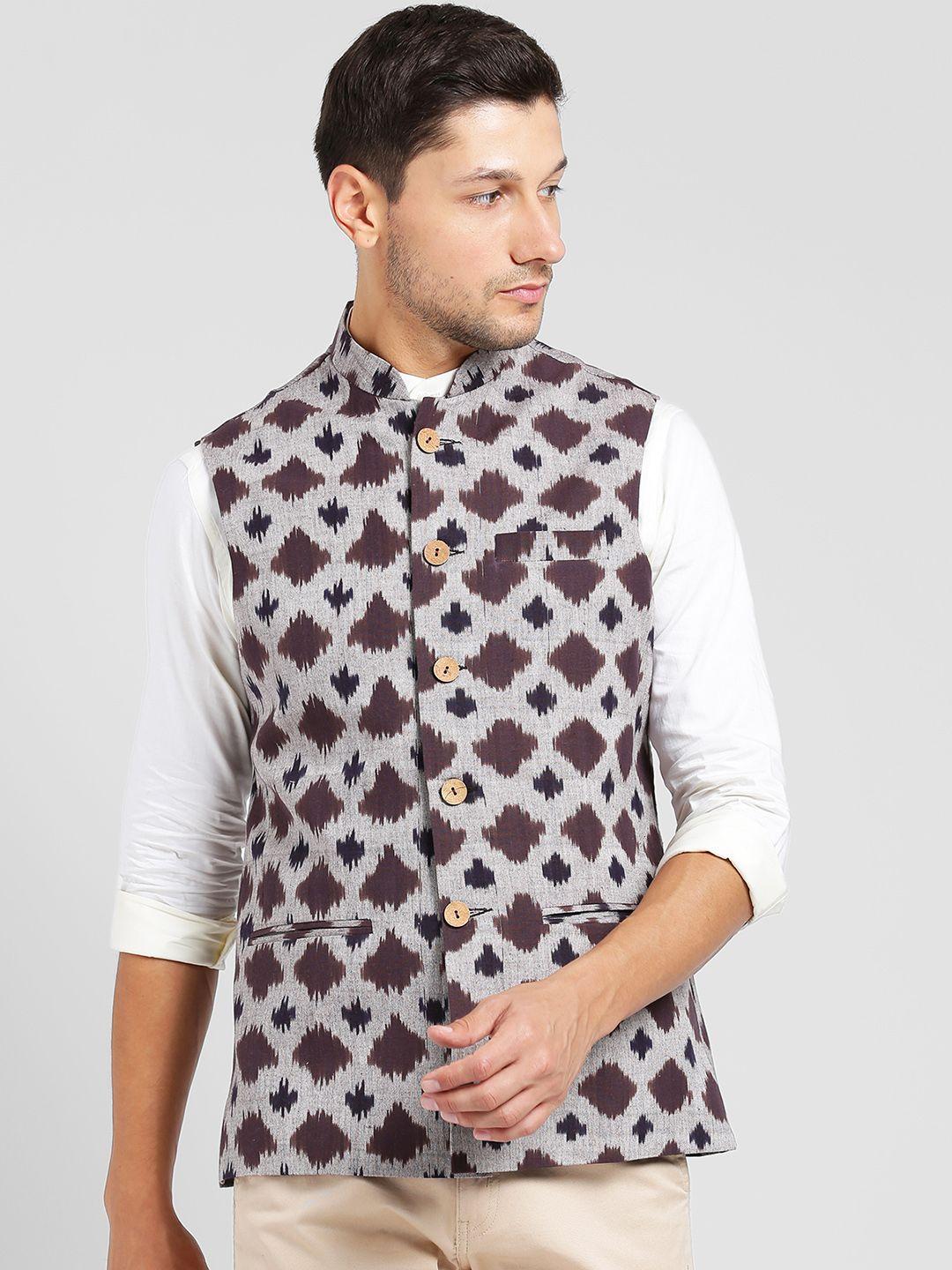 kisah-men-grey--brown-printed-pure-cotton-nehru-jacket