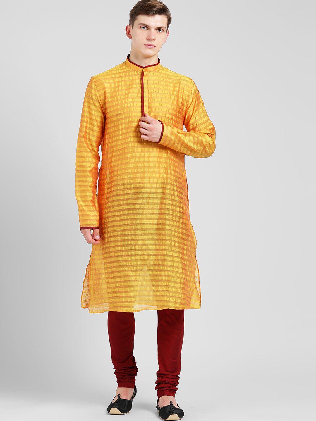 kisah-men-yellow-&-maroon-self-design-kurta-with-churidar