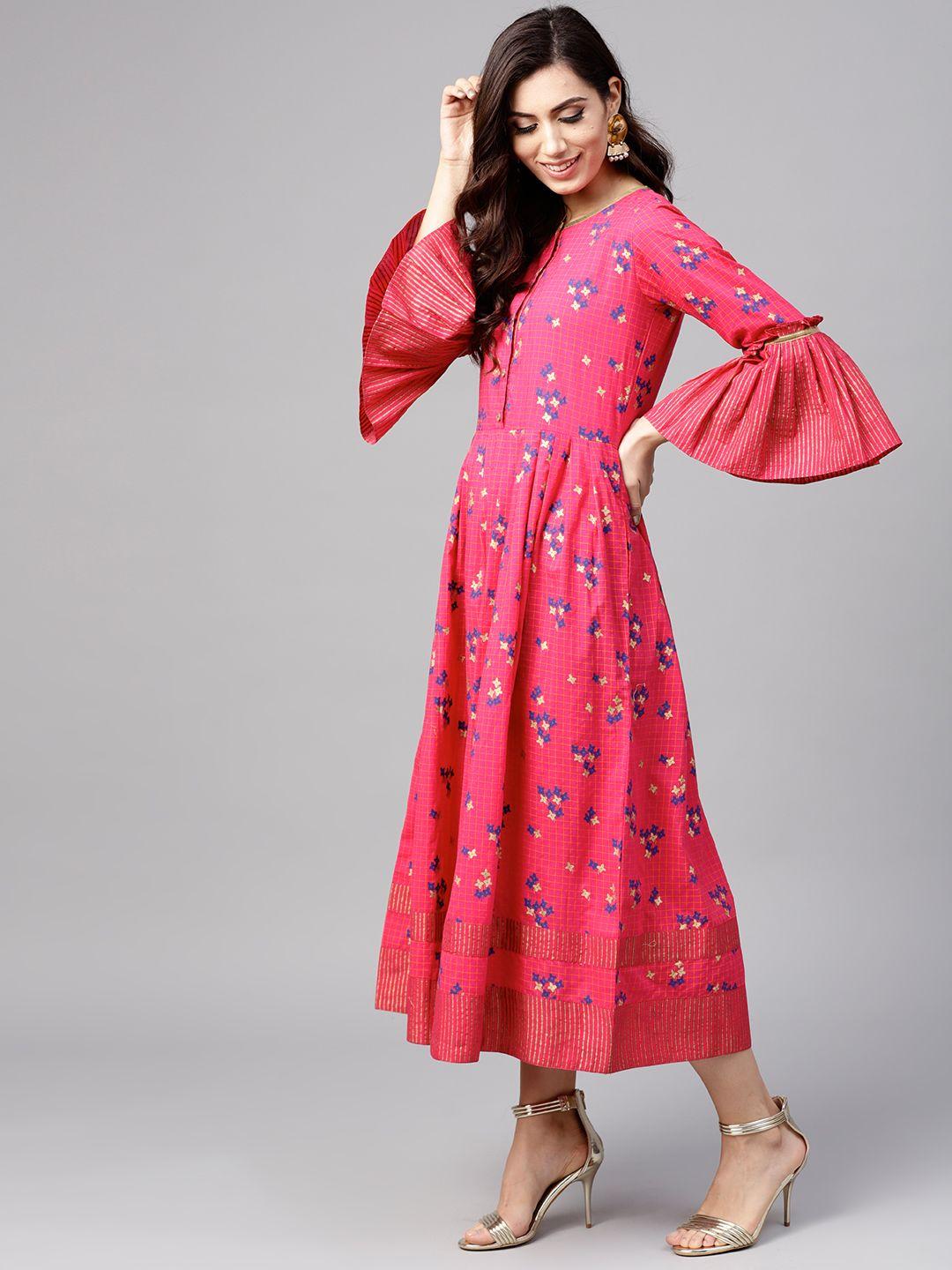 tulsattva-women-pink-printed-midi-a-line-dress