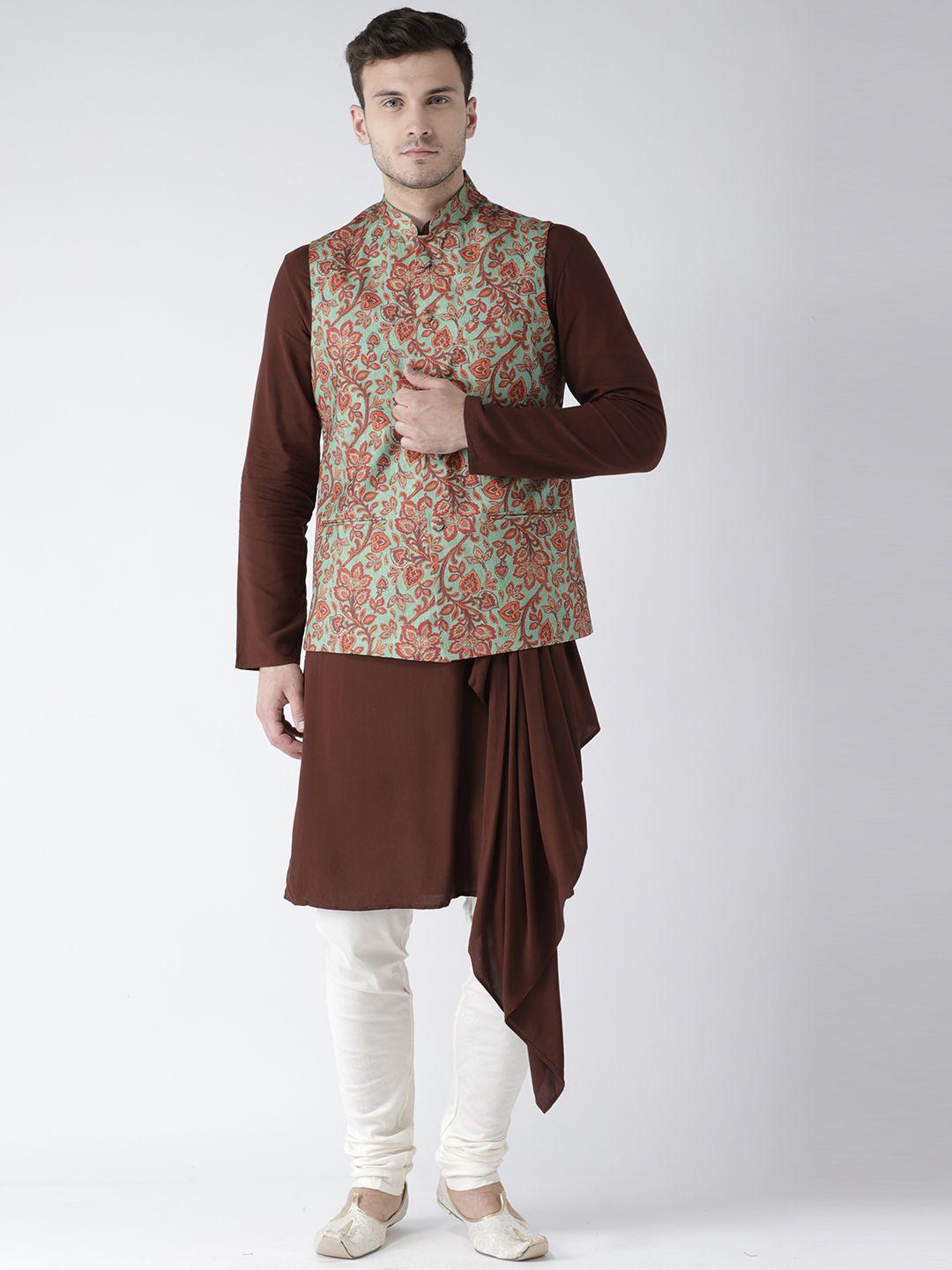 kisah-men-brown-&-cream-coloured-solid-kurta-with-churidar-&-nehru-jacket