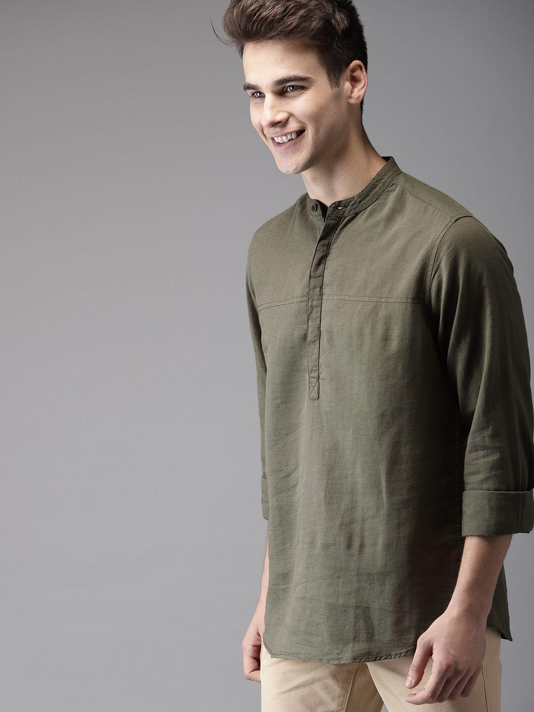 here&now-men-olive-green-regular-fit-solid-casual-shirt
