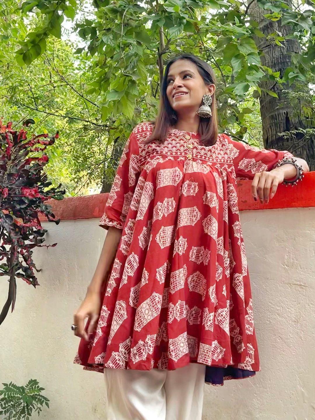 sangria-rust-red-ethnic-motifs-flared-a-line-pure-cotton-top
