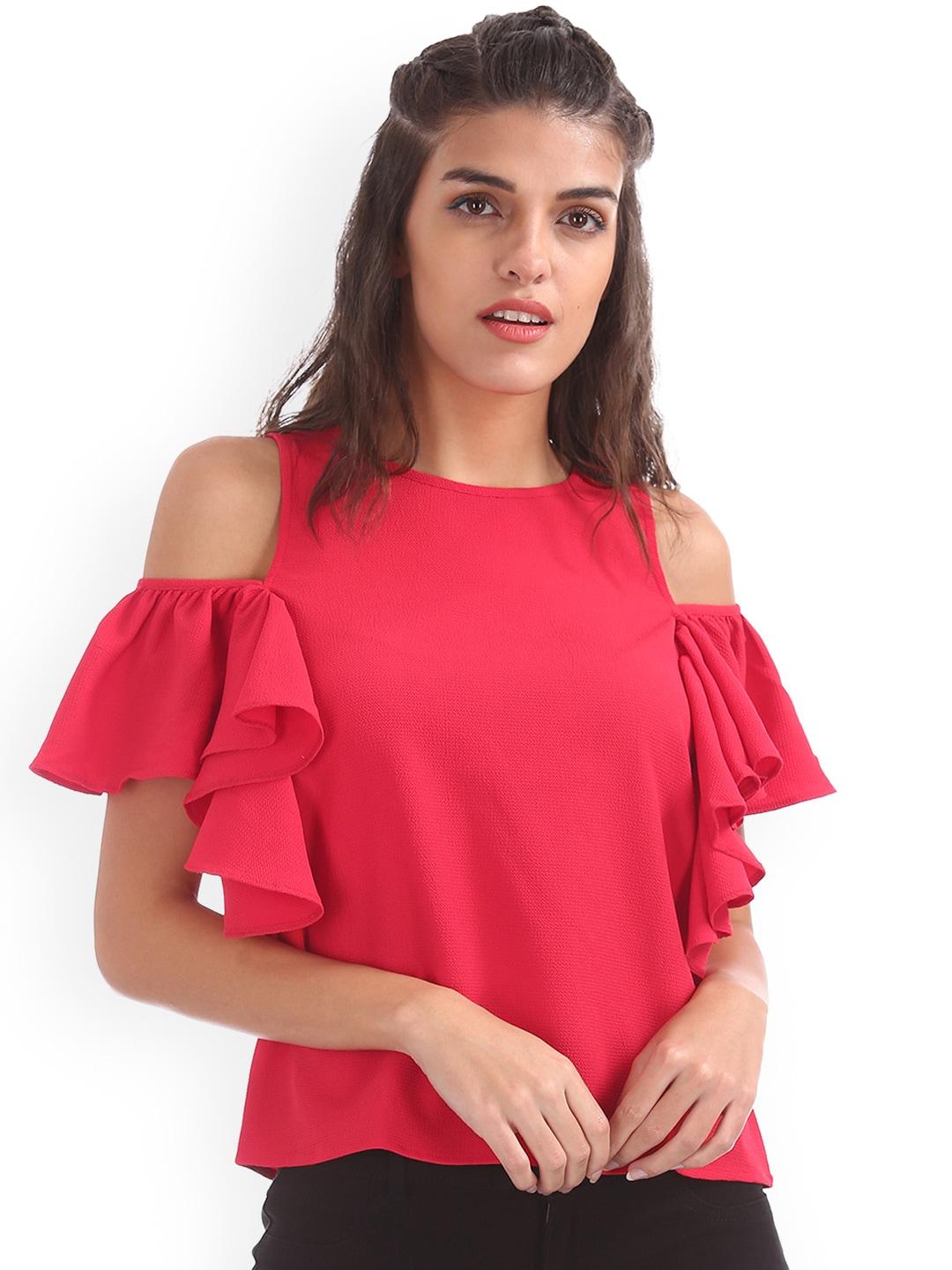 sugr-women-coral-red-solid-cold-shoulder-sleeves-regular-top