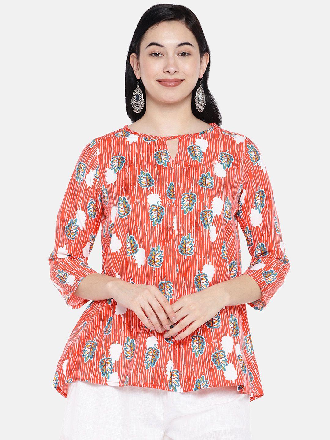 global-desi-women-red-&-white-printed-a-line-top
