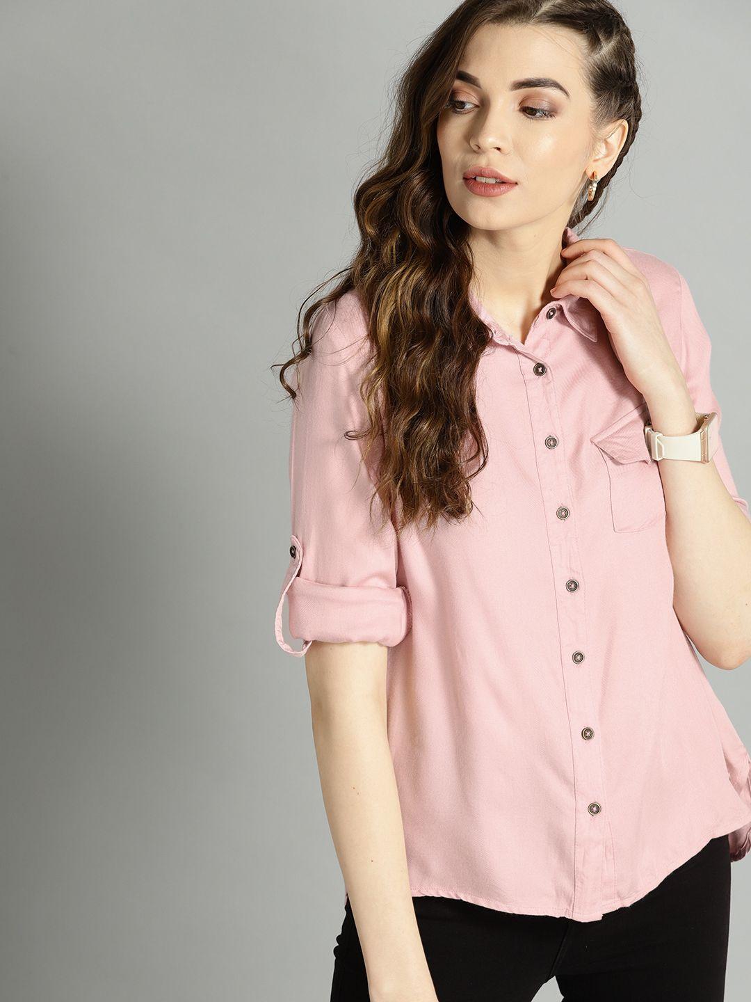 roadster-women-pink-high-low-shirt-with-roll-up-sleeves