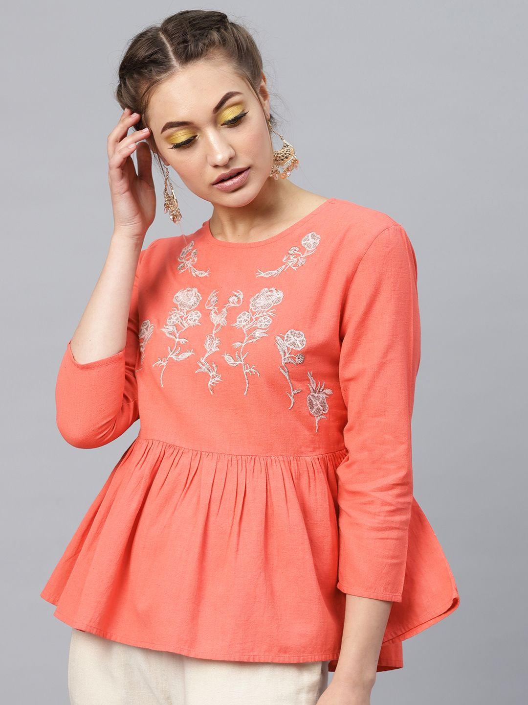 sassafras-women-peach-coloured-embroidered-peplum-pure-cotton-top