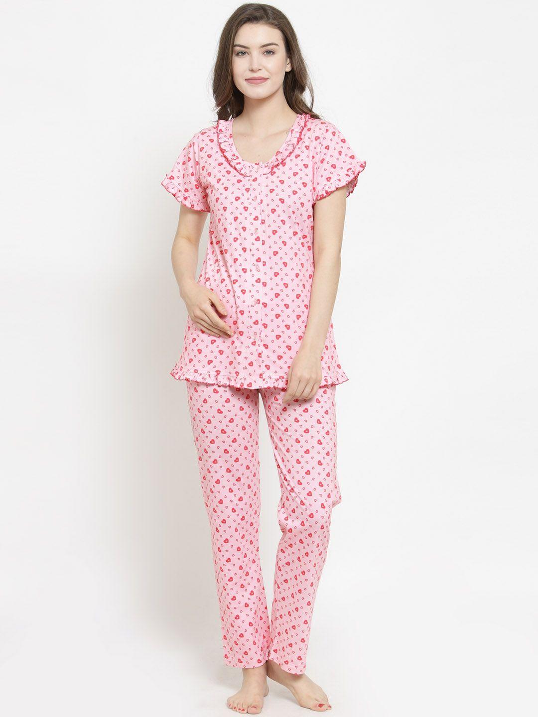 claura-women-pink-&-red-printed-night-suit