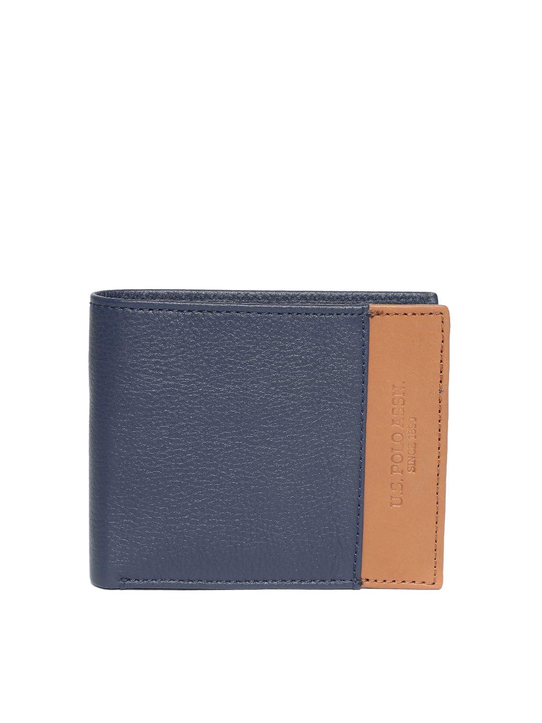 u.s.-polo-assn.-men-navy-blue-&-tan-brown-colourblocked-leather-two-fold-wallet