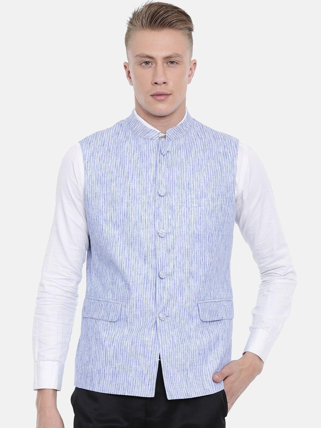 van-heusen-men-blue-self-design-slim-fit-nehru-jacket