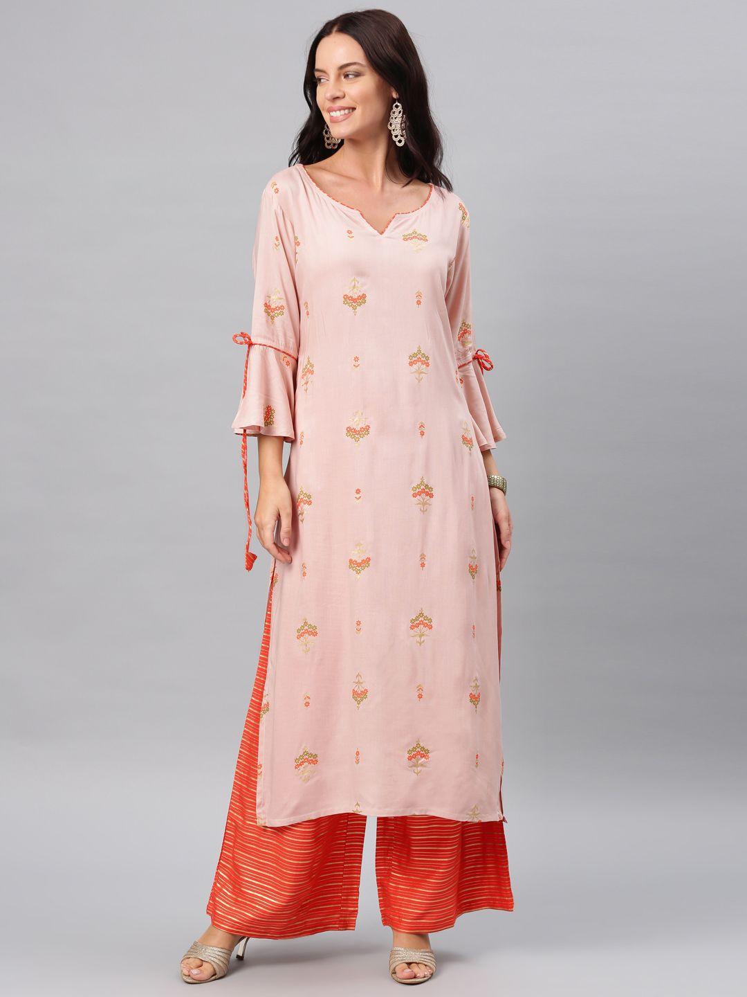 alena-women-peach-coloured-&-coral-red-printed-kurta-with-palazzos