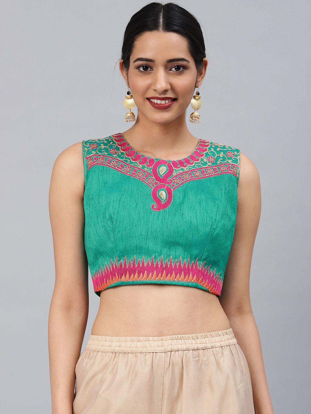 aarrah-women-green-jacquard-embroidered-padded-ready-made-saree-blouse