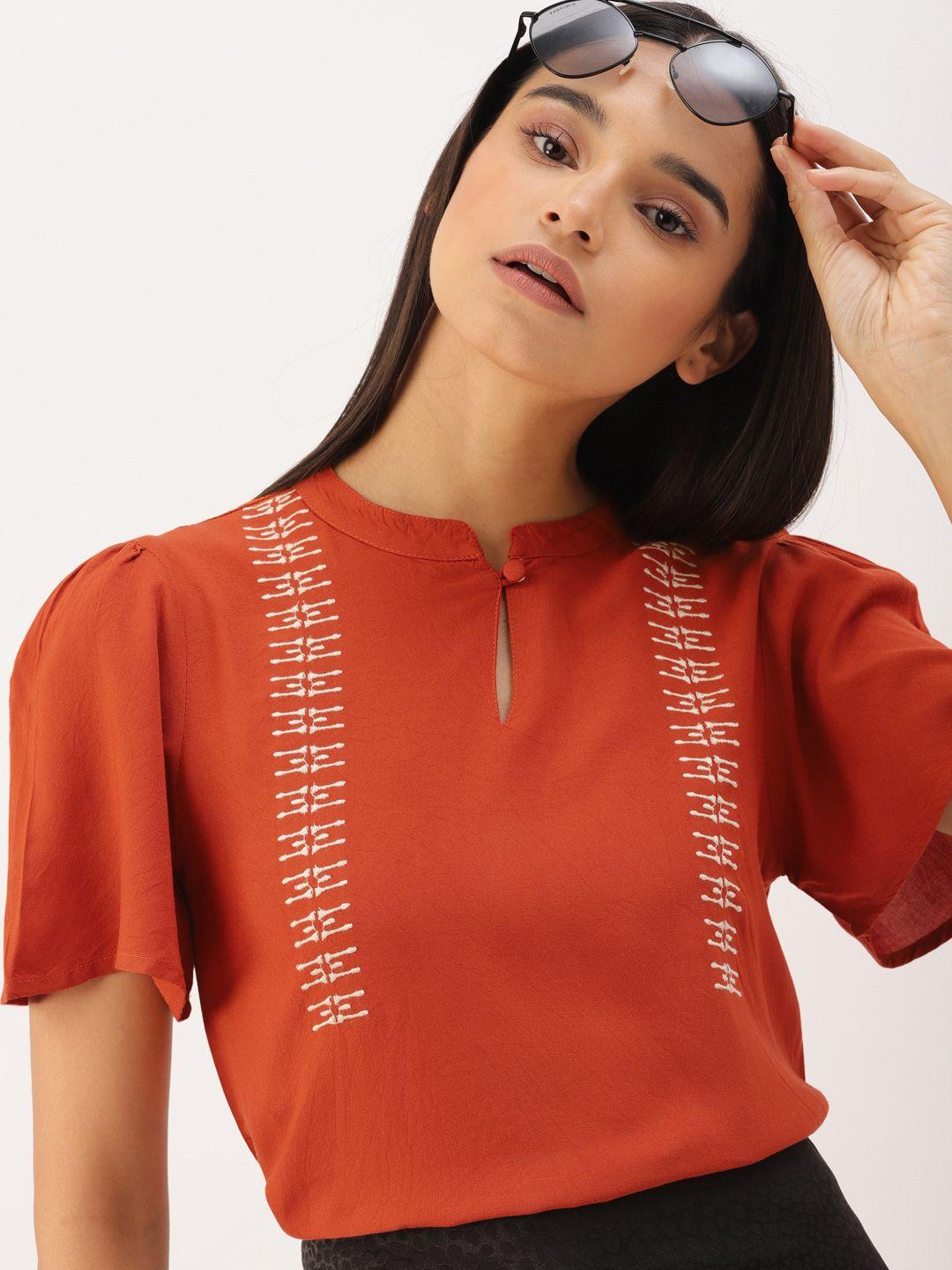 dressberry-women-rust-orange-embroidered-top