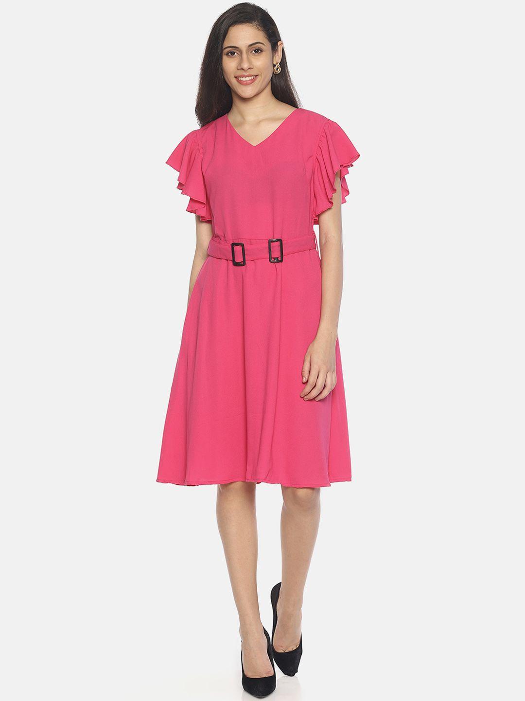 aara-women-solid-pink-fit-and-flare-dress