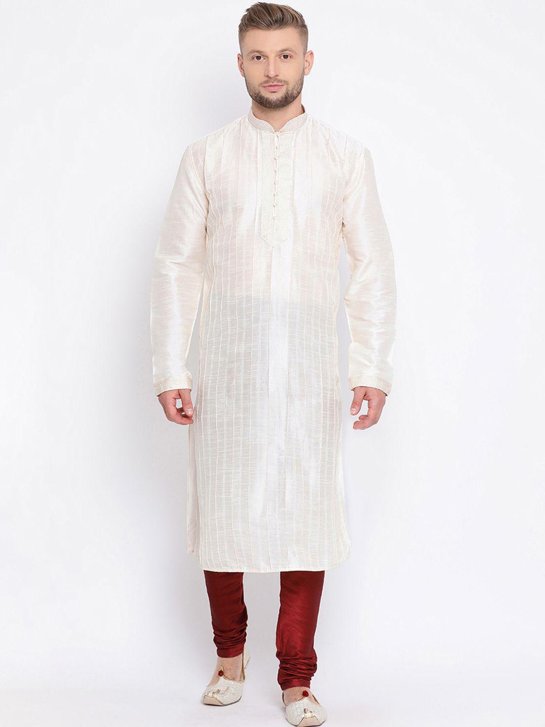 sanwara-men-off-white-self-design-kurta-with-maroon-churidar