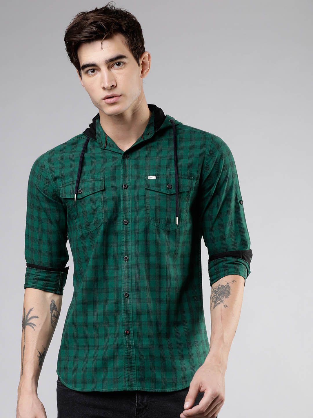locomotive-men-green-&-black-slim-fit-checked-casual-hooded-shirt