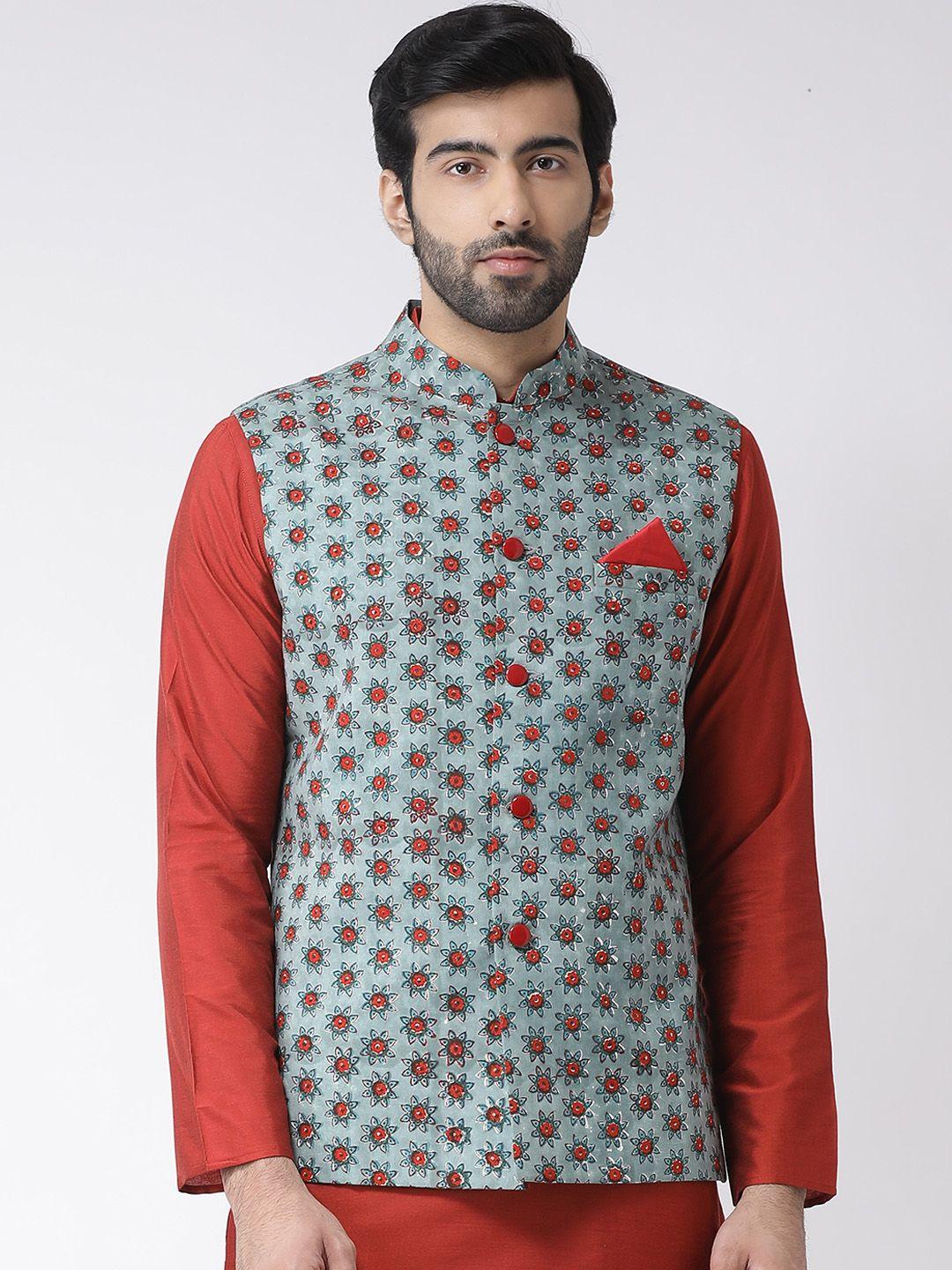 kisah-men-teal-green-&-red-printed-pure-cotton-nehru-jacket