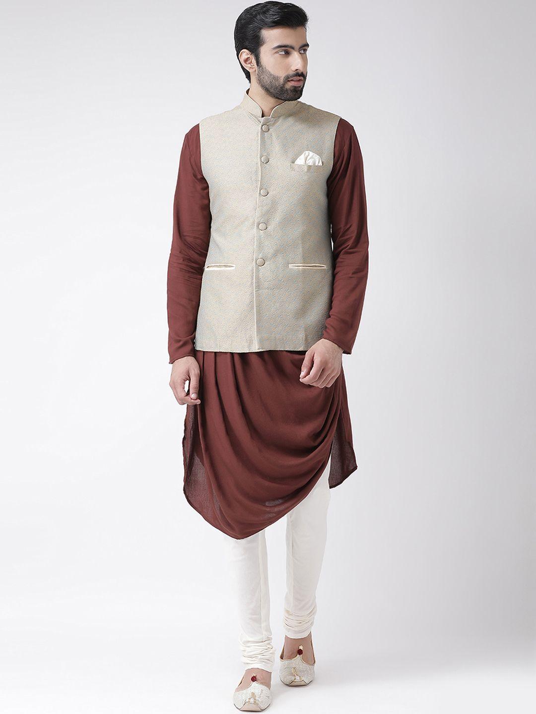 kisah-men-brown-&-blue-self-design-kurta-with-churidar-&-nehru-jacket