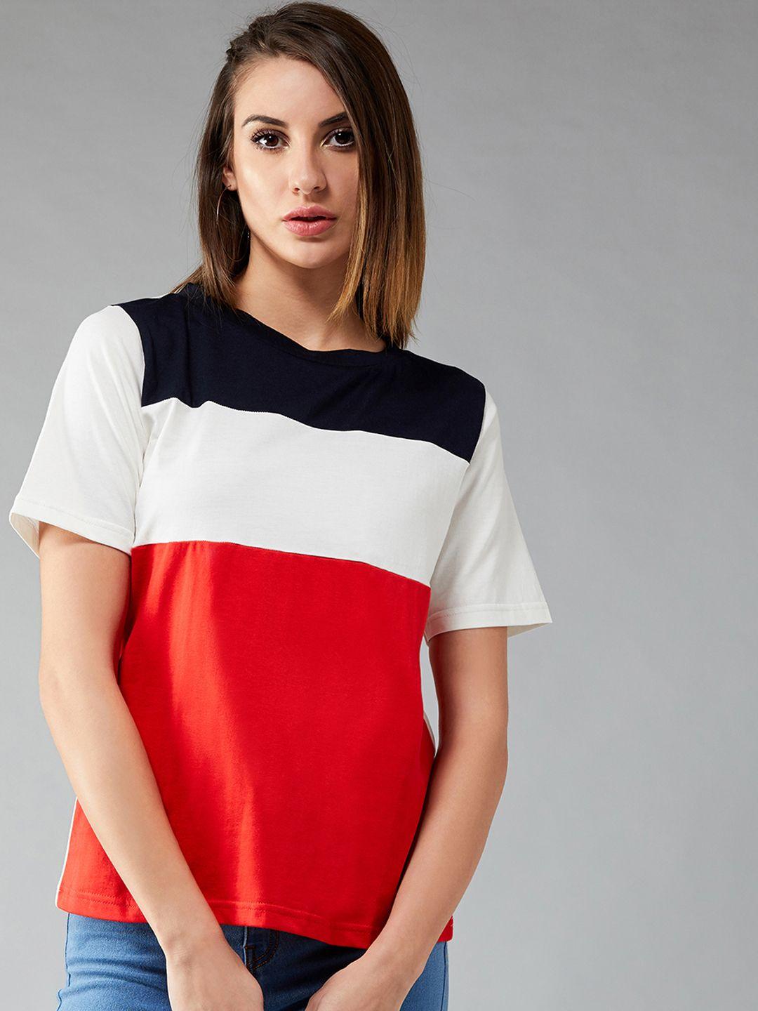 dolce-crudo-women-white--red-colourblocked-round-neck-pure-cotton-t-shirt