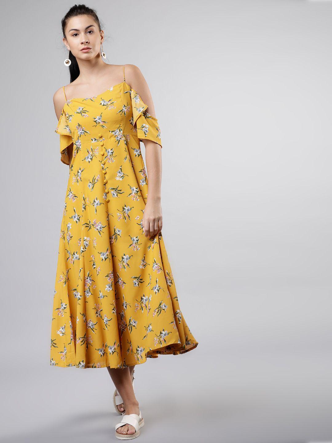 tokyo-talkies-women-mustard-yellow-printed-fit-and-flare-dress