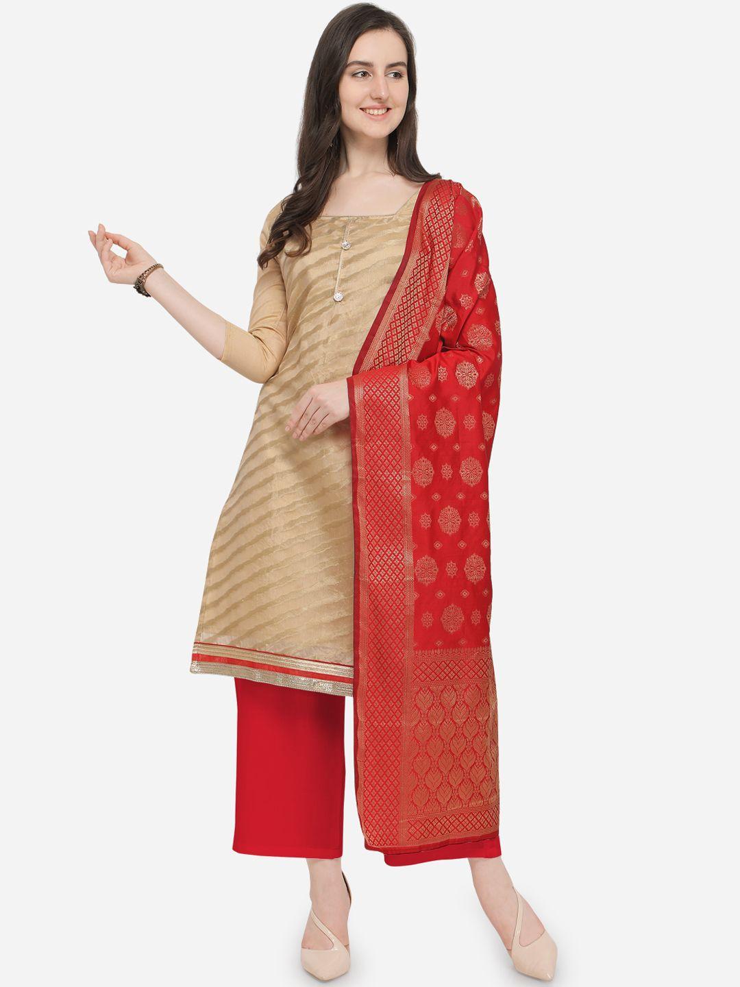 blissta-beige-&-red-silk-blend-unstitched-dress-material