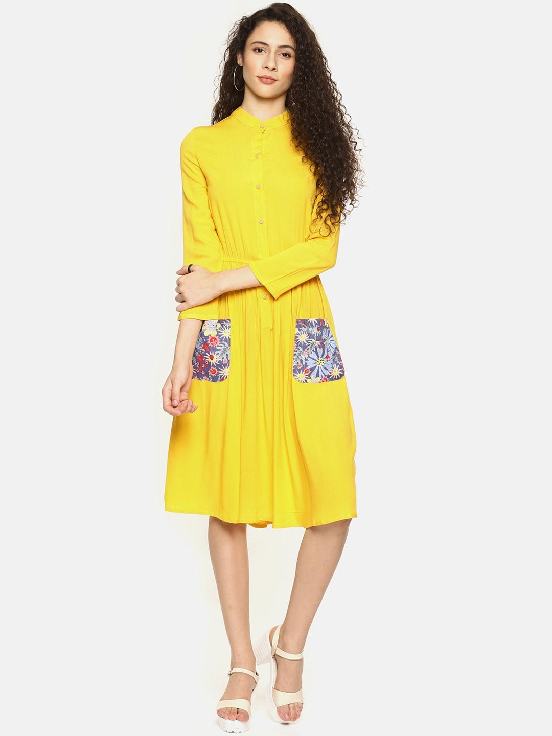 aara-women-yellow-solid-a-line-dress