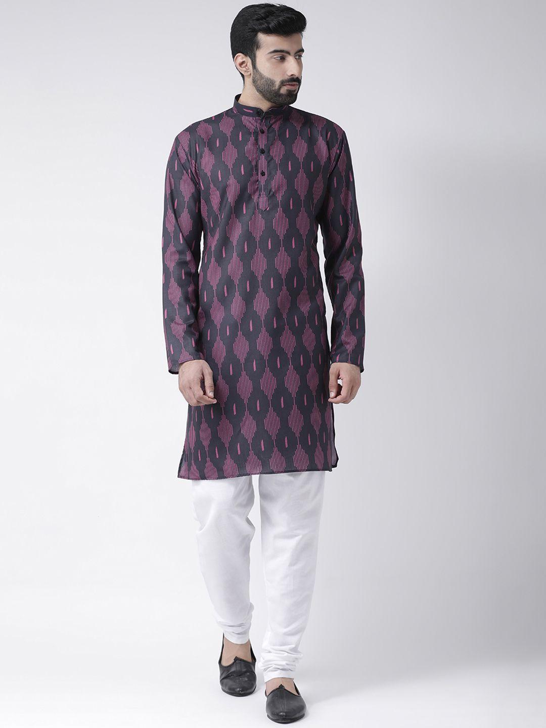 hangup-men-black-&-white-printed-kurta-with-pyjamas